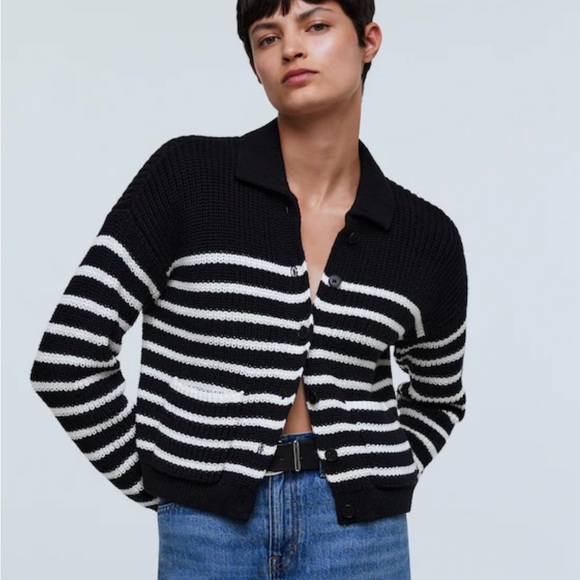 Madewell Ribbed Polo Cardigan Sweater in True Black Stripe L - Picture 1 of 6